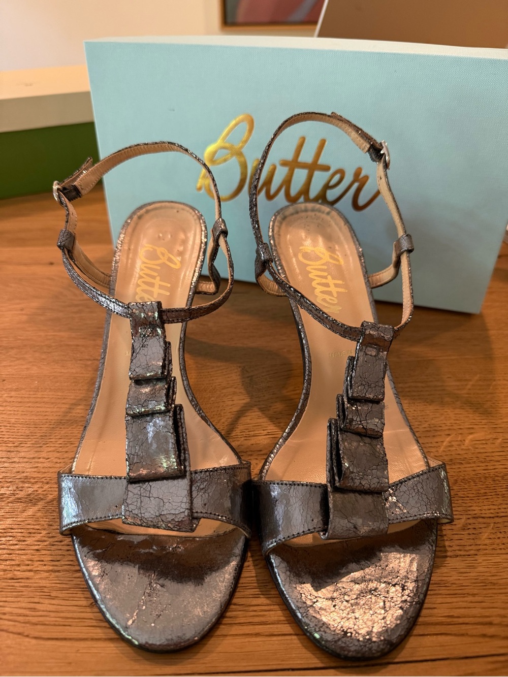 Butter Metallic Silver T-Strap Sandals